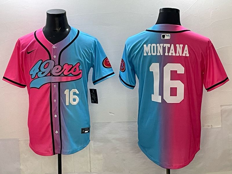 Men 2025 San Francisco 49ers #16 Montana Pink Blue Nike Limited NFL Jersey 02